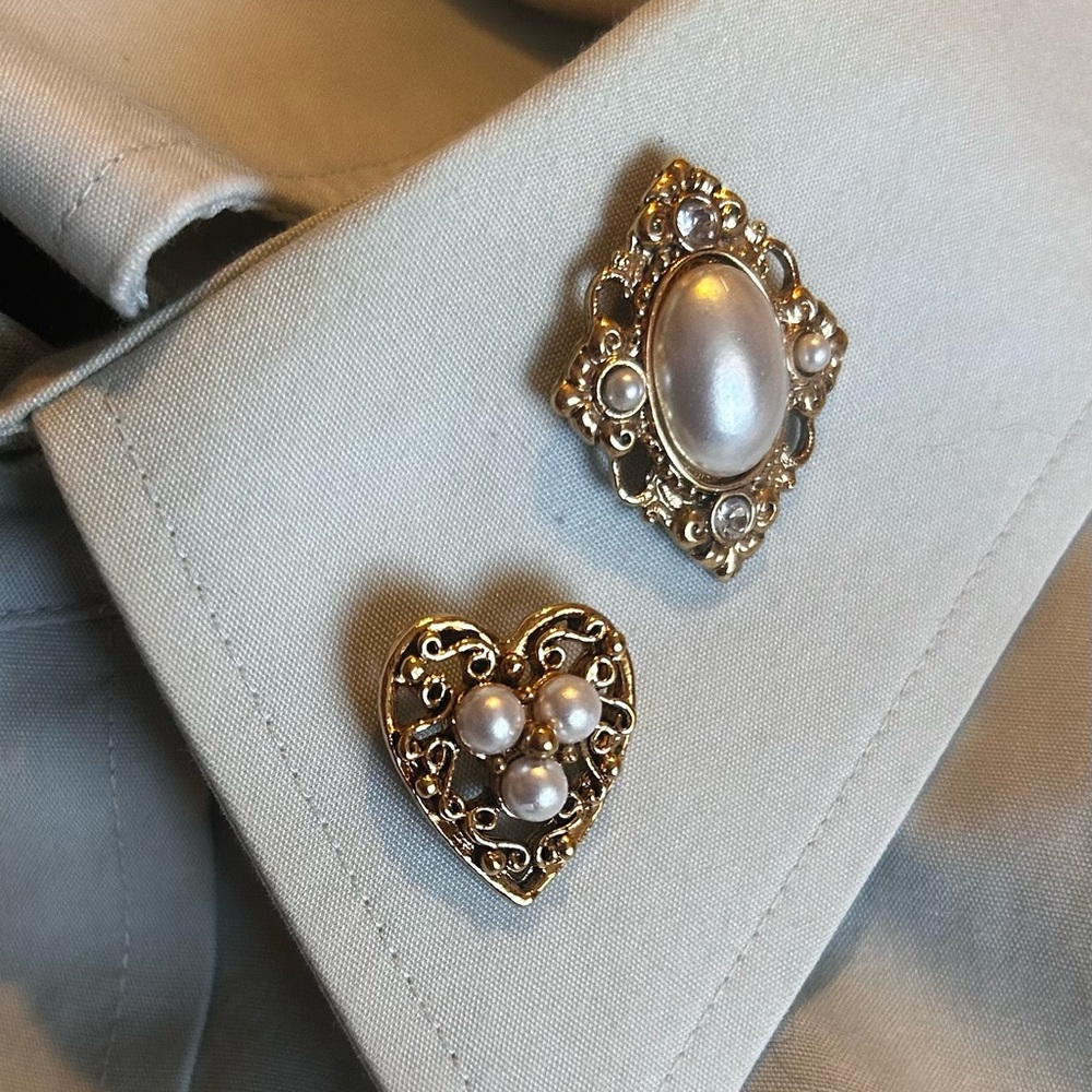 Vintage Gold & Pearl Brooch Set 80s VTG